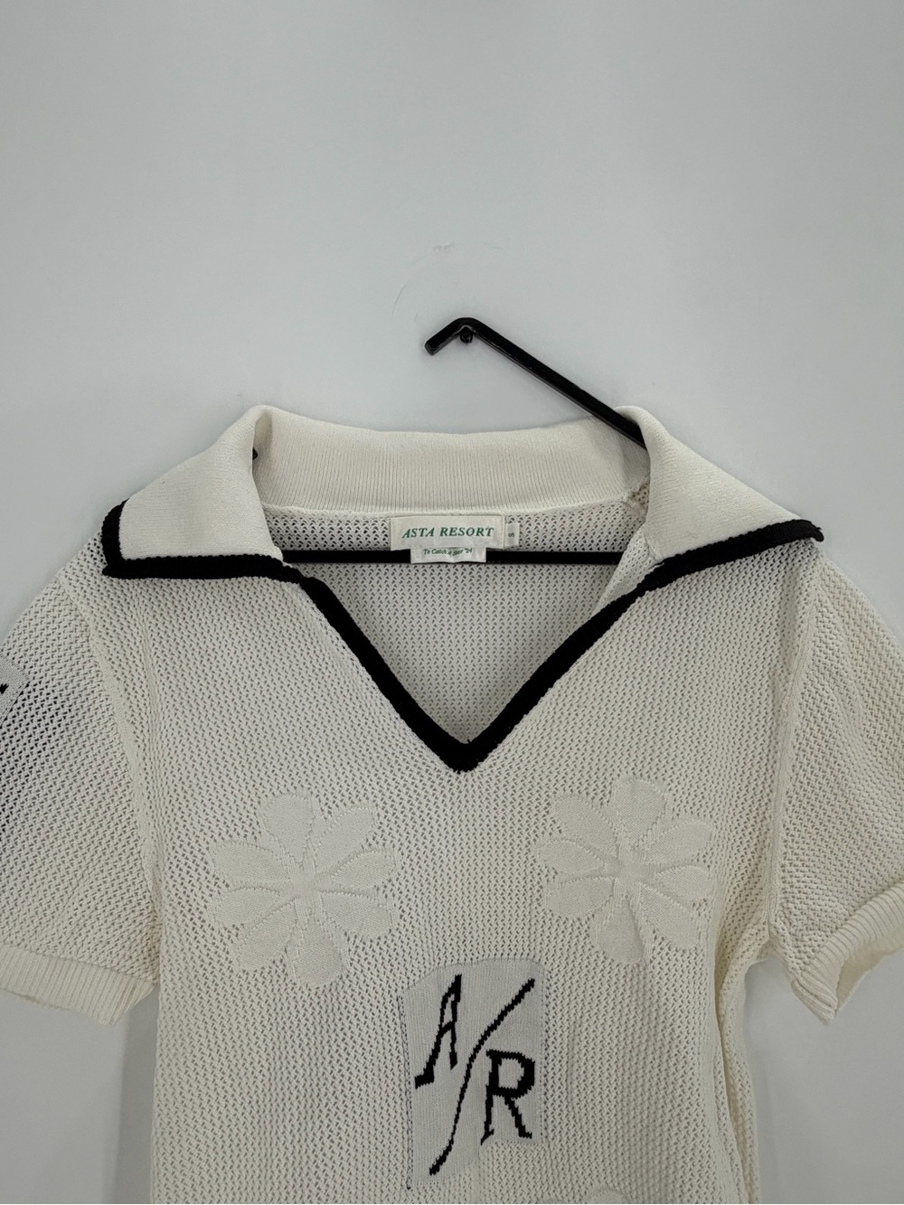 Asta Resort Francie Knitted Floral Logo Semi Sheer Open Knit Polo Black White